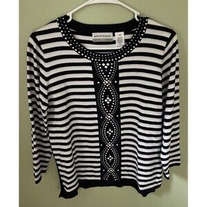 Alfred Dunner Women's Long Sleeve Pullover Sweater Blue/White/Silver Striped PM